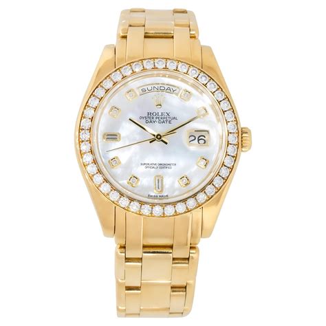 rolex oyster perpetual day date mother of pearl dial|rolex men's watch diamond bezel.